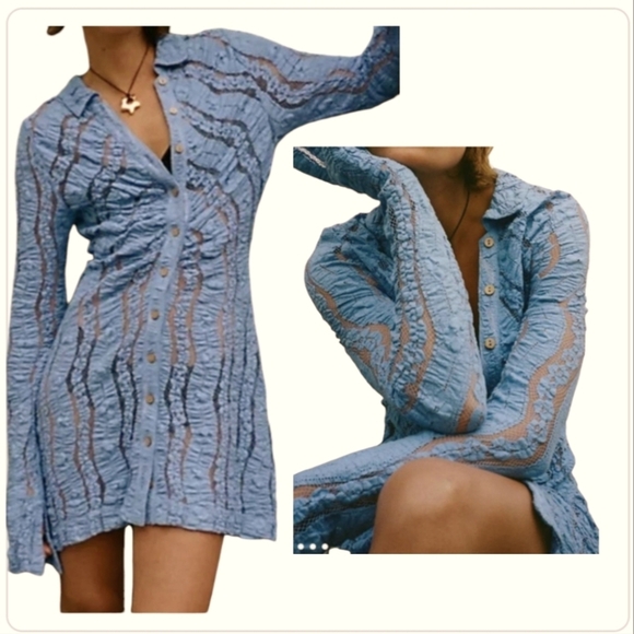 Free People Women's Shayla Lace Long sleeves Button Front Mini Casual Boho Dress - Picture 3 of 12